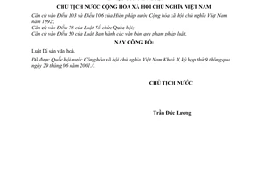 Lệnh công bố luật Di sản văn hoá 09/2001/L-CTN