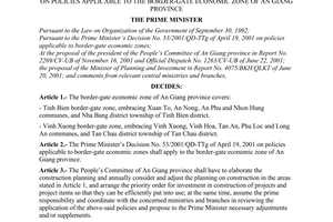 Decision No. 107/2001/QD-TTg of July 17, 2001 promulgated by The Prime Minister of Government, on policies applicable to the border-gate economic zone of An Giang province.