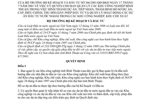 Quyết định 366/2001/QĐ-BKH uỷ quyền BQL khu CN  Bình Thuận lập dự án nhận thẩm định hồ sơ cấp điều chỉnh thu giấy phép đầu tư quản lý nước ngoài