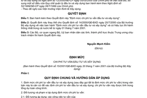 Quyết định 15/2001/QĐ-BXD định mức chi phí tư vấn đầu tư  xây dựng