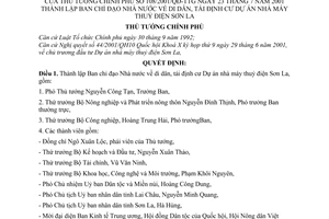 Quyết định 108/2001/QĐ-TTg thành lập ban chỉ đạo nhà nước về di dân, tái định cư  Dự án nhà máy thuỷ điện Sơn La