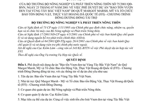 Quyết định 75/2001/QĐ-BNN phê duyệt dự án Bảo tồn vượn đen vùng tây bắc Việt Nam do quỹ Margot Mash Mỹ FFI Chương trình Đông Dương đồng tài trợ