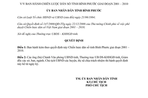 Quyết định 57/2001/QĐ-UB chiến lược dân số Bình Phước 2001-2010