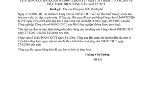 Công văn 3108/TCHQ-KTTT thực hiện công văn 3945/TC/TCT