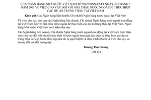 Công văn 926/NHNN-CSTT cho vay nhà thầu nước ngoài để thực hiện các dự án trúng thầu tại Việt Nam