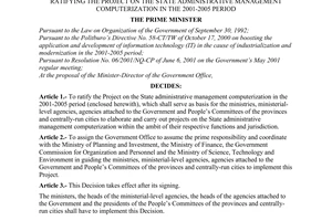 Decision No. 112/2001/QD-TTg of July 25, 2001 promulgated by The Prime Minister of Government for ratify the project on the state administrative management computerization in the 2001-2005 period