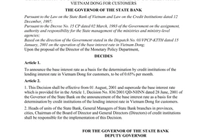 Decision No. 932/2001/QD-NHNN of July 27, 2001, on the announcement of the base interest rate as a basis for the determination by credit institutions of the lending interest rate in Vietnam Dong for customers