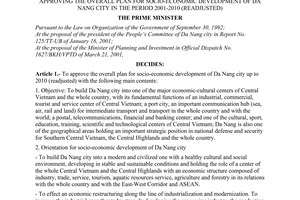 Decision No. 113/2001/QD-TTg of July 30, 2001 promulgated by The Prime Minister of Government, approving the overall plan for socio-economic development of Da Nang city in the period 2001-2010 (readjusted).