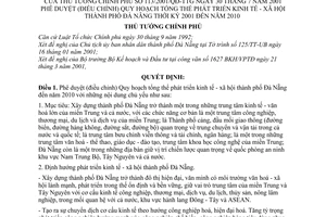 Quyết định 113/2001/QĐ-TTg phê duyệt (điều chỉnh) Quy hoạch tổng thể phát triển kinh tế - xã hội thành phố Đà nẵng thời kỳ 2001- 2010