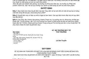 Quyết định 3339/2001/QĐ-BYT vệ sinh  bao bì bằng chất dẻo dùng để bao gói, chứa đựng thực phẩm