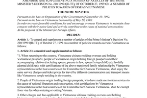 Decision No. 114/2001/QD-TTg of July 31, 2001 amending and supplementing a number of articles of The Prime Minister's Decision No. 210/1999/QD-TTg of October 27, 1999 on a number of policies towards overseas Vietnamese