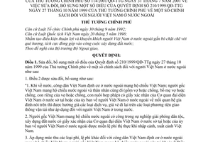 Quyết định 114/2001/QĐ-TTg chính sách người Việt Nam ở nước ngoài  sửa đổi Quyết định 210/1999/QĐ-TTg