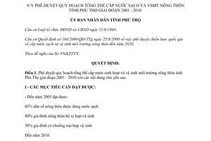 Quyết định 2376/2001/QĐ-UB quy hoạch cấp nước sinh hoạt vệ sinh môi trường nông thôn Phú Thọ 2001 2010