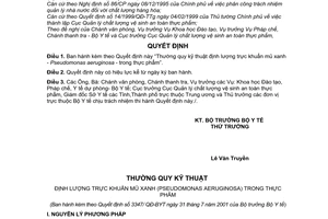 Quyết định 3347/2001/QĐ-BYT Thường quy kỹ thuật định lượng trực khuẩn mủ xanh - Pseudomonas aeruginosa - trong thực phẩm