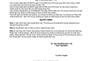 Quyết định 3351/2001/QĐ-BYT Thường quy kỹ thuật định lượng Streptococcus faecalis trong thực phẩm