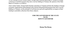 Official Dispatch No. 926/NHNN-CSTT of July 30, 2001, re on the lending of foreign contractors to perform the winning auction projects in Vietnam