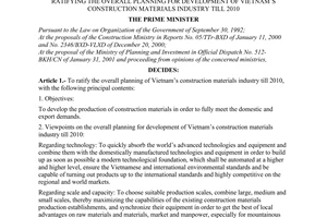 Decision no. 115/2001/QD-TTg of August 01, 2001 ratifying the overall planning for development of vietnam's construction materials industry till 2010