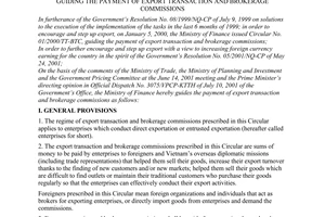 Circular no. 62/2001/TT-BTC of August 01, 2001 guiding the payment of export transaction and brokerage commissions