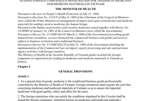 Circular no. 17/2001/TT-BYT of August 01, 2001 guiding foreign companies in registration for trading in medicines and medicine materials in vietnam