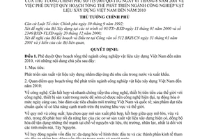 Quyết định 115/2001/QĐ-TTg  phê duyệt Quy hoạch tổng thể phát triển ngành công nghiệp vật liệu xây dựng Việt Nam đến năm 2010