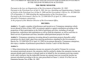 Decision no. 116/2001/QD-TTg of August 02, 2001 on a number of preferences and incentives for overseas investment in the field of petroleum activities