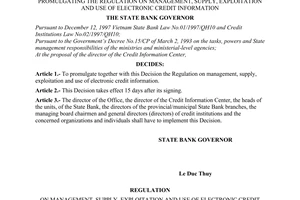 Decision no. 987/2001/QD-NHNN of August 02, 2001 promulgating the regulation on management, supply, exploitation and use of electronic credit information