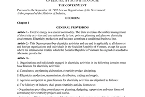 Decree no. 45/2001/ND-CP of August 02, 2001 on electricity activities and use