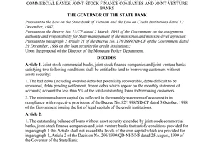 Decision No. 992/2001/QD-NHNN of August 6, 2001, on the level of lending without asset security for joint-stock commercial banks, joint-stock finance companies and joint-venture banks