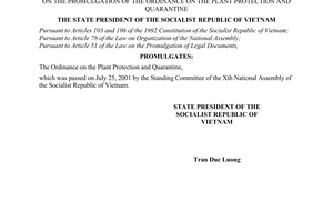 Order No. 11/2001/L-CTN of the President, on promulgation of the Ordinance on the plant protection and quarantine.