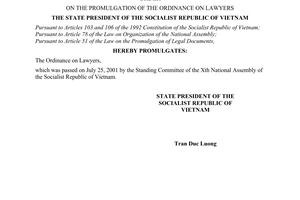 Order No. 12/2001/L-CTN of August 08, 2001, on promulgation of the Ordinance on lawyers.