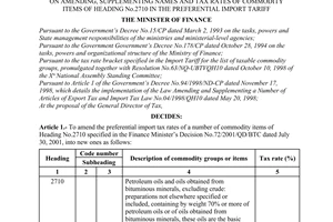 Decision No. 76/2001/QD-BTC, on amending, supplementing names and tax rates of commodity items of heading No.2710 in the preferential import tariff, promulgated by the Ministry of Finance.