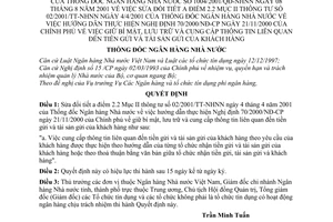 Quyết định 1004/2001/QĐ-NHNN giữ bí mật lưu trữ cung cấp thông tin liên quan tiền tài sản gửi sửa đổi ThôngTư 02/2001/TT-NN Hướng dẫn QĐ 70/2000/NĐ-CP