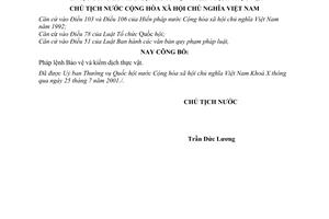 Lệnh công bố pháp lệnh bảo vệ và kiểm dịch thực vật 11/2001/L-CTN