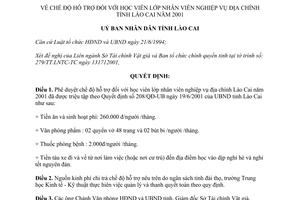 Quyết định 252/2001/QĐ.UB hỗ trợ học viên lớp nhân viên nghiệp vụ địa chính Lào Cai