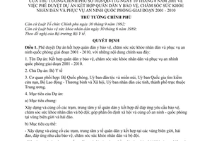 Quyết định 1026/2001/QĐ-TTg phê duyệt dự án kết hợp quân dân y bảo vệ chăm sóc sức khoẻ nhân dân phục vụ an ninh quốc phòng giai đoạn 2001-2010