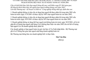 Thông báo 1993/TM-XNK hạn ngạch hàng dệt may xuất khẩu sang EU năm 2001