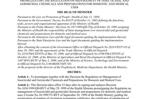 Decision No. 3486/2001/QD-BYT of August 13, 2001, promulgating the regulation on management of insecticidal and germicidal chemicals and preparations for domestic and medical uses.