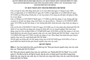 Quyết định 69/2001/QĐ-UB bộ đơn giá chuyên ngành công viên cây xanh khu vực Thành phố Hồ Chí Minh