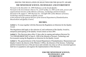 Decision No. 47/2001/QD-BKHCNMT of August 15, 2001,  issuing the regulation on selection for the quality award.