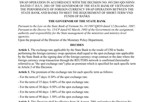 Decision No. 1033/2001/QD-NHNN of August 15, 2001, on the adjustment of the exchange rate applicable by the State Bank to the resale of US$ to banks performing the foreign currency swap operation in accordance with the Decision No. 893/2001/QD-NHNN dated 17 July, 2001 of the governor of the State Bank of Vietnam on the performance of foreign currency swap operation between the State Bank and banks to meet the requirement of short-term VND funds of banks