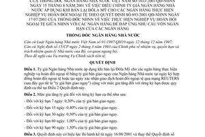 Quyết định 1033/2001/QĐ-NHNN điều chỉnh tỷ giá Ngân hàng Nhà nước áp dụng khi bán lại USD cho nghiệp vụ hoán đổi ngoại tệ QĐ 893/2001/QĐ-NHNN