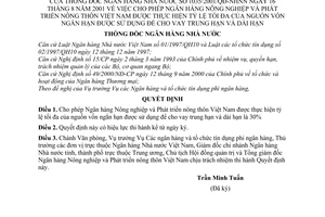 Quyết định 1035/2001/QĐ-NHNN cho ngân hàng NN&PTNT Việt Nam được thực hiện tỷ lệ tối đa của nguồn vốn ngắn hạn được sử dụng để cho vay trung dài hạn