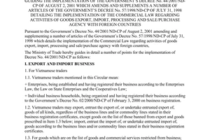 Circular No. 20/2001/TT-BTM of August 17, 2001, guiding the implementation of The Government’s Decree No. 44/2001/ND-CP of August 2, 2001 which amends and supplements a number of articles of The Government’s Decree No. 57/1998/ND-CP of July 31, 1998 detailing the implementation of the commercial law regarding activities of goods export, import, processing and sale/purchase agency with foreign countries.