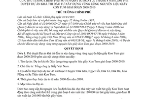 Quyết định 1070/2001/QĐ-TTg phê duyệt dự án khả thi xây dựng vùng rừng nguyên liệu giấy Kon Tum giai đoạn 2000-2010