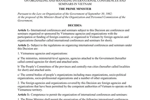 Decision No. 122/2001/QD-TTg of August 21, 2001, on organizing and managing international conferences and seminars in Vietnam.