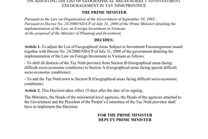 Decision No. 125/2001/QD-TTg of August 22, 2001, on adjusting the list of geographical areas subject to investment encouragement in Tay Ninh province.