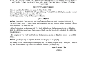 Quyết định 125/2001/QĐ-TTg điều chỉnh danh mục địa bàn khuyến khích đầu tư đối với tỉnh Tây Ninh