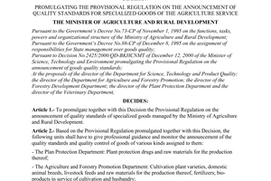 Decision No. 86/2001/QD-BNN of August 23, 2001, promulgating the provisional regulation on the announcement of quality standards for specialized goods of the agriculture service.
