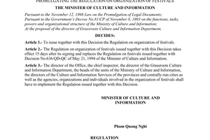Decision No. 39/2001/QD-BVHTT of August 23, 2001, promulgating the regulation on organization of festivals.