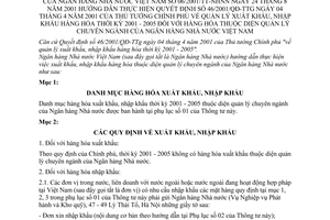 Thông tư 06/2001/TT-NHNN quản lý xuất khẩu, nhập khẩu hàng hoá thời kỳ 2001-2005 hàng hoá thuộc diện quản lý chuyên ngành